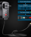 Universal 24W Power Adapter With 8 Selectable Plugs For LED Strips Cameras Keyboards Speakers Scales Recorders And Massagers Regulated Switching Supply 2A Output Supports 12V 9V 7.5V 6V 5V 4.5V 3V 100 To 240 Volt Input showing polarity symbols