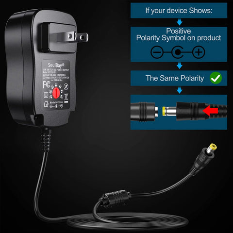 Universal 24W Power Adapter With 8 Selectable Plugs For LED Strips Cameras Keyboards Speakers Scales Recorders And Massagers Regulated Switching Supply 2A Output Supports 12V 9V 7.5V 6V 5V 4.5V 3V 100 To 240 Volt Input showing polarity symbols