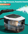Supercharged Portable Handheld Steam Cleaner With Lightning Fast Fifteen Second Heat Up That Blasts Away Stubborn Grease And Gunk Instantly While Delivering Four Bar Pressure For Spotless Surfaces, showing water reservoir and steam nozzle.