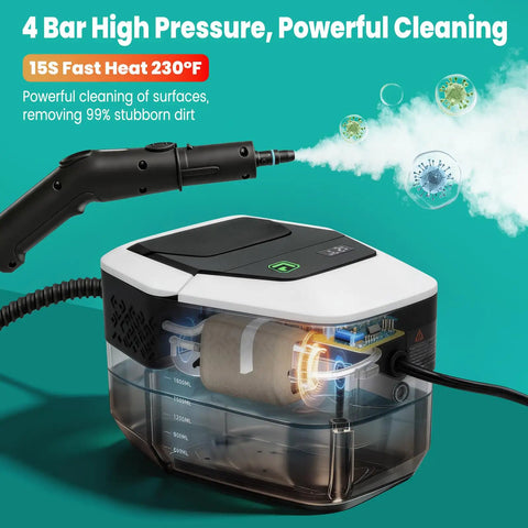 Supercharged Portable Handheld Steam Cleaner With Lightning Fast Fifteen Second Heat Up That Blasts Away Stubborn Grease And Gunk Instantly While Delivering Four Bar Pressure For Spotless Surfaces, showing water reservoir and steam nozzle.