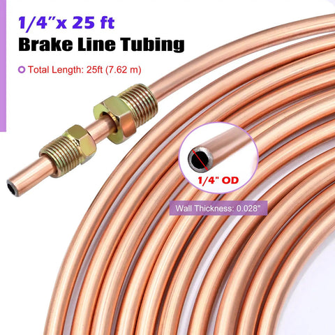 Pro Grade One Quarter Inch Copper Coated Brake Line Kit With Twenty Five Feet Of Flexible Tubing And Sixteen Inverted Flare Fittings