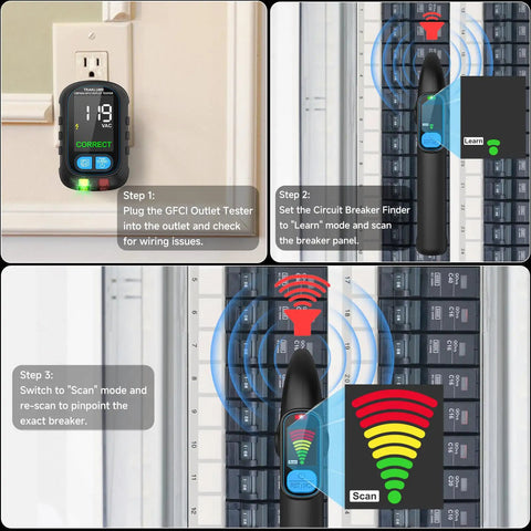 Steps to use 2 In 1 Circuit Breaker Finder With Non Contact Voltage Detection, GFCI Outlet Tester, LCD Display, And Circuit Tracer Kit