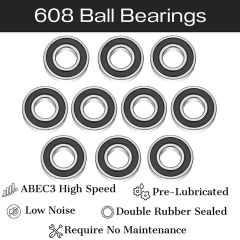 Twelve 608-2RS ball bearings, 8x22x7mm, double rubber-sealed, pre-lubricated steel bearings