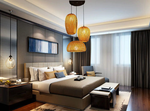 Lantern Style LED Pendant Light With Adjustable Cord Bamboo Weave Ceiling Hanging Lamp in modern rustic bedroom setting