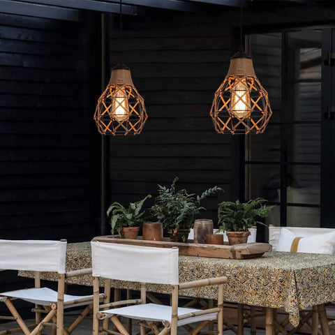Rustic Industrial Woven Pendant Light With Hemp Rope Cage, One Light Adjustable Fixture For Kitchen Island Cafe Bar And Farmhouse, Black Finish