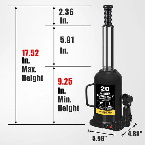 Torin 20-ton hydraulic welded bottle jack, black steel with side handle.