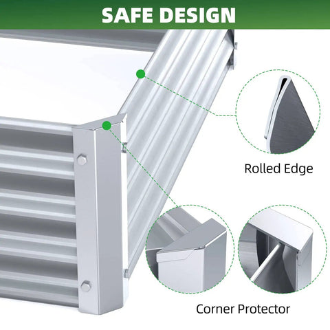 Raised Garden Bed 6x3x1 Foot Galvanized Metal Planter Box in Silver with corner protector and rolled edge design details