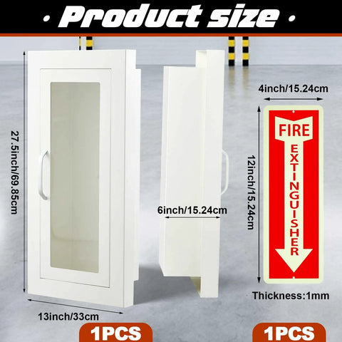 Front and side view of Semi Recessed Fire Extinguisher Cabinet With Reflective Sign, Steel Wall Mount, Magnetic Door With Handle, Acrylic Window, 2.5 Inch Trim, Fits 2.5 5 10 Lb Extinguishers, Ready To Roll Safety Cabinet.