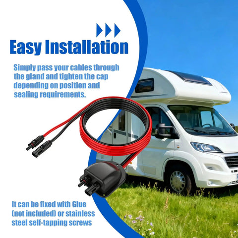 Weatherproof Solar Cable Entry Gland Kit With 3Ft 10AWG Extension Wire And MC4 Connectors for RV installations shown with camper background.