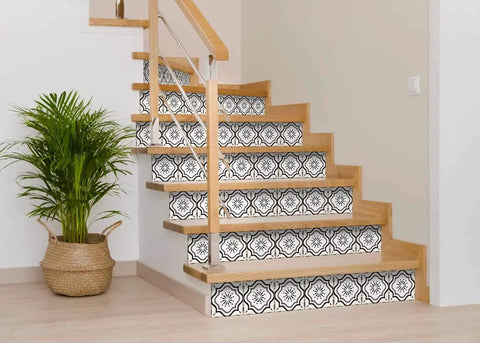 Peel And Stick Tile Stickers 24 Pack For Kitchen Backsplash And Bathroom Vinyl Wall Decals In Black And White Boho Modern Style Easy To Apply Just Peel And Stick Home Decor applied on stairs