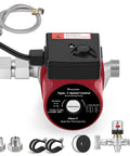Instant Hot Water Recirculating Pump Kit With 304 Stainless Adjustable Bypass Valve And Smart Plug For Tank Heaters, featuring a red pump with 3-speed control.