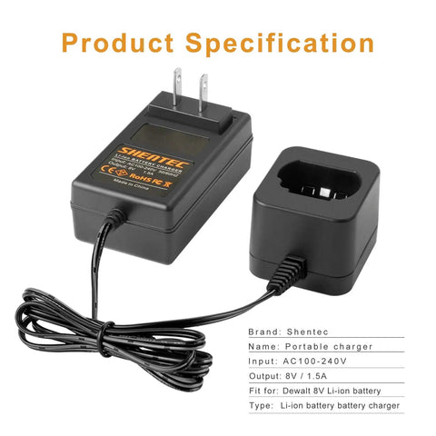 8V Li Ion Charger For Pod Style Battery Compatible With DCB080 DCF680N1 DW4390 DCF680N2 DCF680G2 100 To 240V AC Input 8V 1.5A Output Short Circuit Protection charger with cable and plug