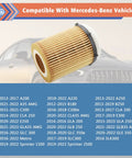 Mercedes-Benz Oil Filter Replacement Kit Two Pack For 2012-2023 C300 CLA250 E300 GLA200 GLC300 Metris Sprinter shown with compatibility list