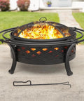 36 Inch Round Outdoor Fire Pit With Crossweave Design In Black Iron For Patio Backyard Garden And Camping Includes Spark Screen And Fire Poker For Cozy Bonfires And Warm Gatherings