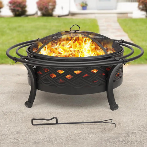36 Inch Round Outdoor Fire Pit With Crossweave Design In Black Iron For Patio Backyard Garden And Camping Includes Spark Screen And Fire Poker For Cozy Bonfires And Warm Gatherings