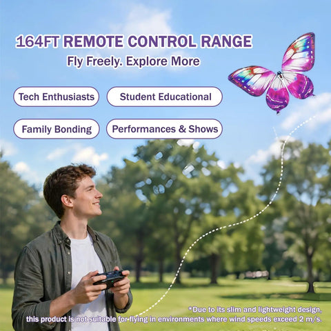 Man flying a purple Flying RC Butterfly Drone With LED Light And Realistic Bionic Wing Flap Motion outdoors.
