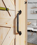 10 Inch Barn Door Pull Handle And Gate Handle In Rustic Black Aluminum For Easy Install being installed on a wooden door
