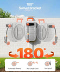 180 degree swivel bracket on a retractable garden hose reel wall mount 100 ft hose with five eighth inch diameter system