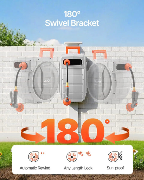 180 degree swivel bracket on a retractable garden hose reel wall mount 100 ft hose with five eighth inch diameter system