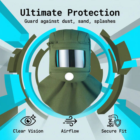Workhorse Sandblasting Hood With Curved Polycarbonate Lens And Heavy-Duty Canvas Shawl For Kickass Dust Protection And Solid Face Shield Coverage During Grinding Polishing Painting, green hood with clear lens.