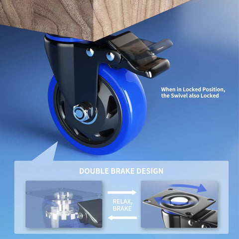 Close-up of 5 Inch Caster Wheels With Safety Dual Locking Heavy Duty Set Of 4 Industrial Swivel Casters, blue polyurethane wheel