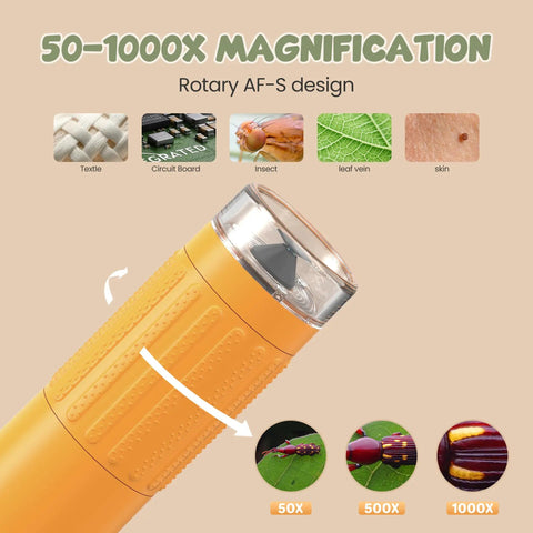 Portable Handheld Digital Microscope For Kids With 1000x Magnification Crystal Clear 1080p Images On A Two Inch IPS Screen Plug And Play USB Connection Easy To Use For Curious Minds To Explore The Micro World. orange handheld microscope with rotary focus for textiles, circuit boards, insects and leaf veins