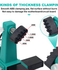 Rotatable 360 Degree Solder Holder with ABS clamping jaw showing 5 kinds of thickness clamping for PCBs and small electronics.