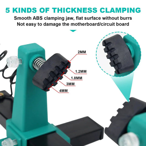 Rotatable 360 Degree Solder Holder with ABS clamping jaw showing 5 kinds of thickness clamping for PCBs and small electronics.