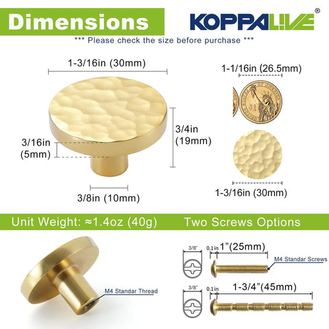 Diagram showing dimensions of Twenty Pack Dope Gold Cabinet Knobs Hammered Solid Brass Round Drawer Pulls And Handles
