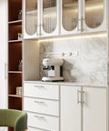 Modern kitchen with 10 Pack Brushed Nickel And Gold Cabinet Pulls 3 Inch Hole Centers 76mm, smooth white cabinets, marble backsplash.