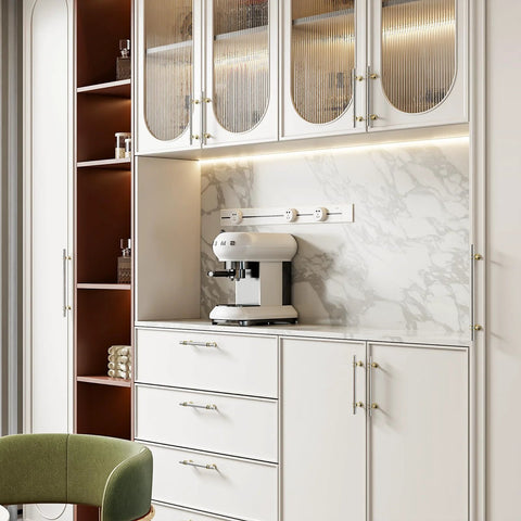Modern kitchen with 10 Pack Brushed Nickel And Gold Cabinet Pulls 3 Inch Hole Centers 76mm, smooth white cabinets, marble backsplash.