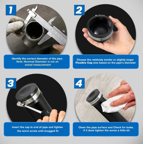 Installation steps for 4 Inch Flexible PVC Pipe Cap With Stainless Steel Clamps For DWV Systems Black Dope Durable Cap.