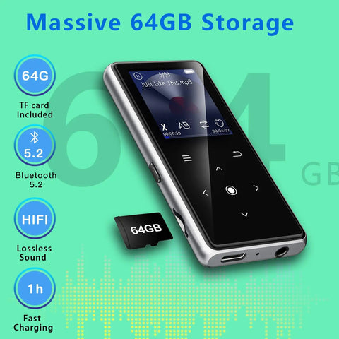 64GB MP3 Player With Bluetooth 5.2 And Built In HD Speaker, FM Radio, Voice Recorder, HiFi Sound, E-Book Reader, Earphones Included, Silver displayed with 64GB TF card