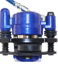 Close-up of blue rear and front hydraulic brake assembly kit bolt on with caliper master cylinder disc rotor and brake pads for go kart golf cart ATV blue fits 50cc to 200cc quad bikes durable replacement parts for go kart and ATV with superior stopping power.