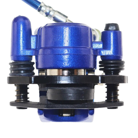 Close-up of blue rear and front hydraulic brake assembly kit bolt on with caliper master cylinder disc rotor and brake pads for go kart golf cart ATV blue fits 50cc to 200cc quad bikes durable replacement parts for go kart and ATV with superior stopping power.