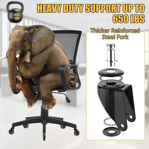 Set of 5 Quiet 3 Inch Rubber Office Chair Caster Wheels with Universal 11x22mm Stem supporting an elephant on a chair