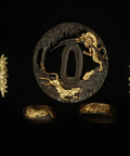 Premium Brass Gold And Silver Plated Katana Fittings Set With Tsuba Guard Menuki Fuchi Kashira on black background