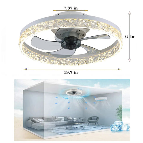 Ceiling Fan With Lights LED Remote Control Three Color Lighting Three Speeds Invisible Blades Flush Mount Enclosed Metal Shell Low Profile 19.7 Inches Sand White Finish For Living Rooms And Bedrooms