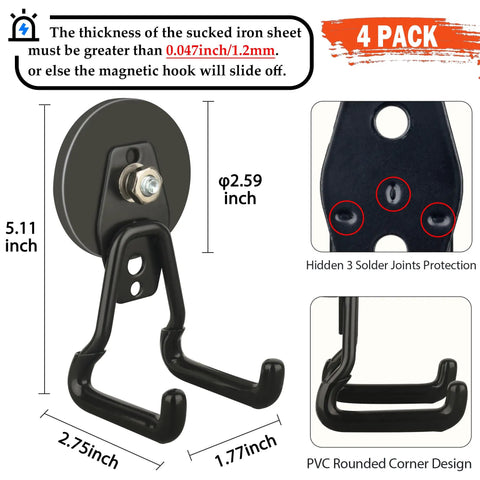Upgraded Large Magnetic Hooks With 20lb Capacity Heavy Duty Magnetic Hangers For Garage Pegboard Tools And Power Drill Accessories Broom Garden Tools Hardware Storage 4 Pack Black shown with dimensions and design details