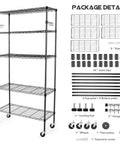 Beefy 5 Tier Heavy Duty Metal Rolling Shelving Unit With Wheels And 8 Hooks 1750 Lbs Total Capacity Adjustable Garage Wire Racks Ideal For Kitchen Bathroom Pantry Or Industrial Storage 36 W x 14 D x 72 H Black, package contents