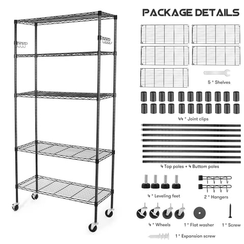 Beefy 5 Tier Heavy Duty Metal Rolling Shelving Unit With Wheels And 8 Hooks 1750 Lbs Total Capacity Adjustable Garage Wire Racks Ideal For Kitchen Bathroom Pantry Or Industrial Storage 36 W x 14 D x 72 H Black, package contents