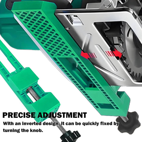 Green Adjustable Circular Saw Guide for Wood and Tile Ultra Precision Cutting Base Clamp shown with precise adjustment