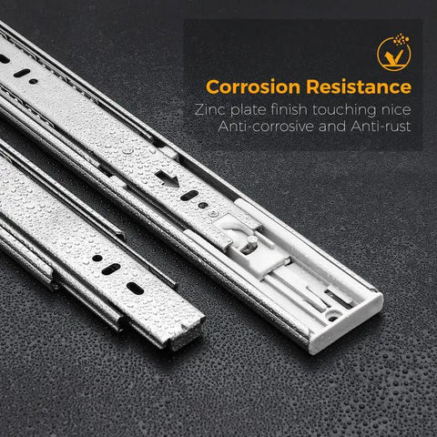 Close-up of 22 Inch Heavy Duty Soft Close Drawer Slides Set with 10 Pairs Side Mount Ball Bearing Rails Brushed Nickel Finish.