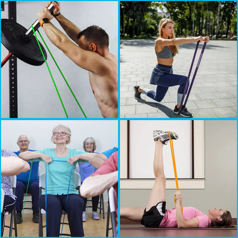 Collage of people using Five Pack Pull Up Bands Set Heavy Duty Resistance Bands For Men And Women CrossFit Fitness Mobility Training Ideal For Home Gym Workouts Set Of 5 Ranging From 15 To 125 Lb in various exercises