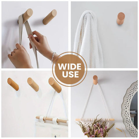 Heavy Duty Beech Wood Wall Hooks for coats and hats in use with towels and bags, durable rustic wall mount coat rack hangers.