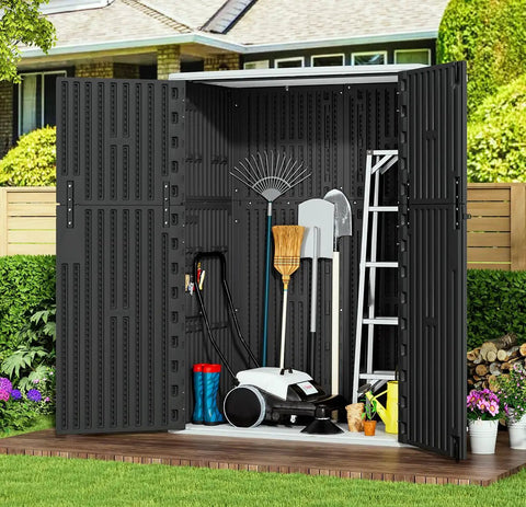 Weatherproof Resin Outdoor Storage Cabinet, 57 Cu Ft Vertical Shed open with garden tools and patio accessories, black, UV protected.