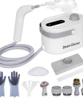 No Fuss Heavy Duty Handheld Steam Cleaner 10 In 1 Slick Multipurpose Steam Weapon For House Floors Windows And Auto Upholstery Scrubbing White with accessories including brushes and gloves.