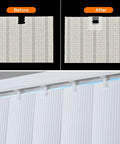 Before and after view of Sixty Clear Vertical Blind Repair Tabs Universal Snap In Replacement Clips fixing a slat.