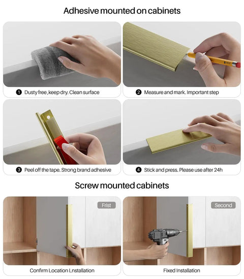 Edge Finger Pulls For Cabinets Peel And Stick On Kitchen Drawers No Drill Hidden Self Adhesive Brushed Brass 3 Inch installation steps