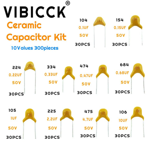 Monolithic Ceramic Capacitor Assortment Kit For Repairs And Prototyping, 300 Pieces, 10 Capacitance Values including 0.1uF to 10uF